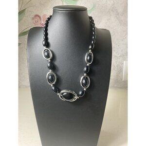 Black Oval Bead Necklace With Silver Accents & Adjustable Chain
